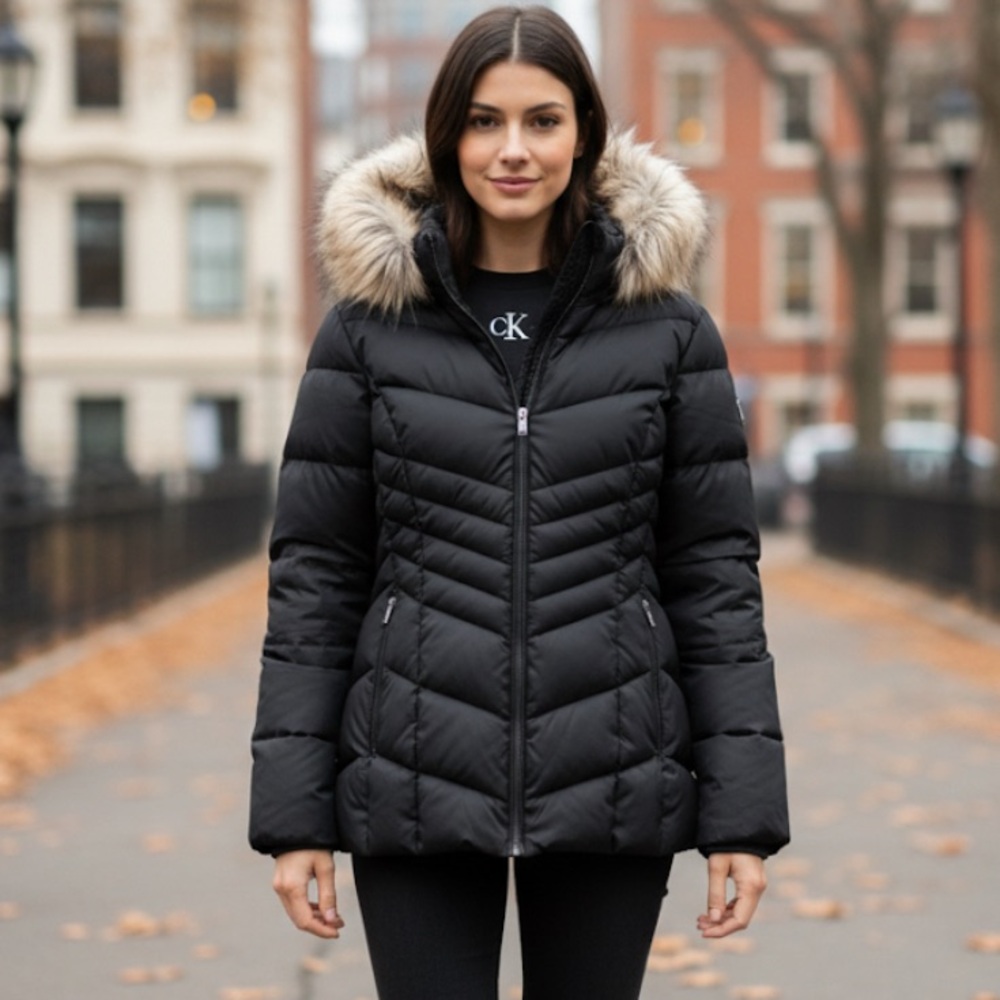 Calvin Klein DOWN Filled Puffer WARM Winter Jacket has detachable fur trim hood
